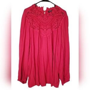 Torrid Hot Pink Lace Blouse Tunic Crinkle Gauze Crochet Detail Top Size 4 Plus.
